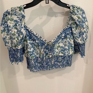 Alice + Olivia Blue and White Smocked Crop Blouse - Crawford Top